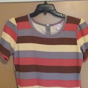 LuLaRoe Striped Crewneck Dress in Coral, Lavender, Cream & Brown
